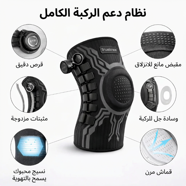 Black knee brace with features highlighted on a white background